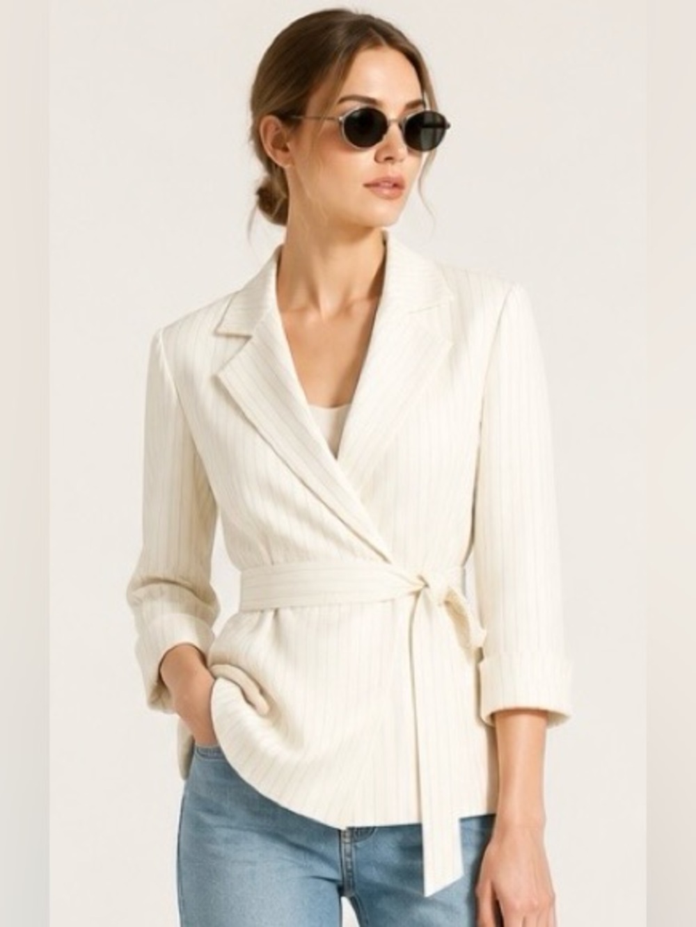 ARMANI COLLEZIONI Blazer Jacket Wrap Tie  Pinstripe Designer Ivory Luxury Italy